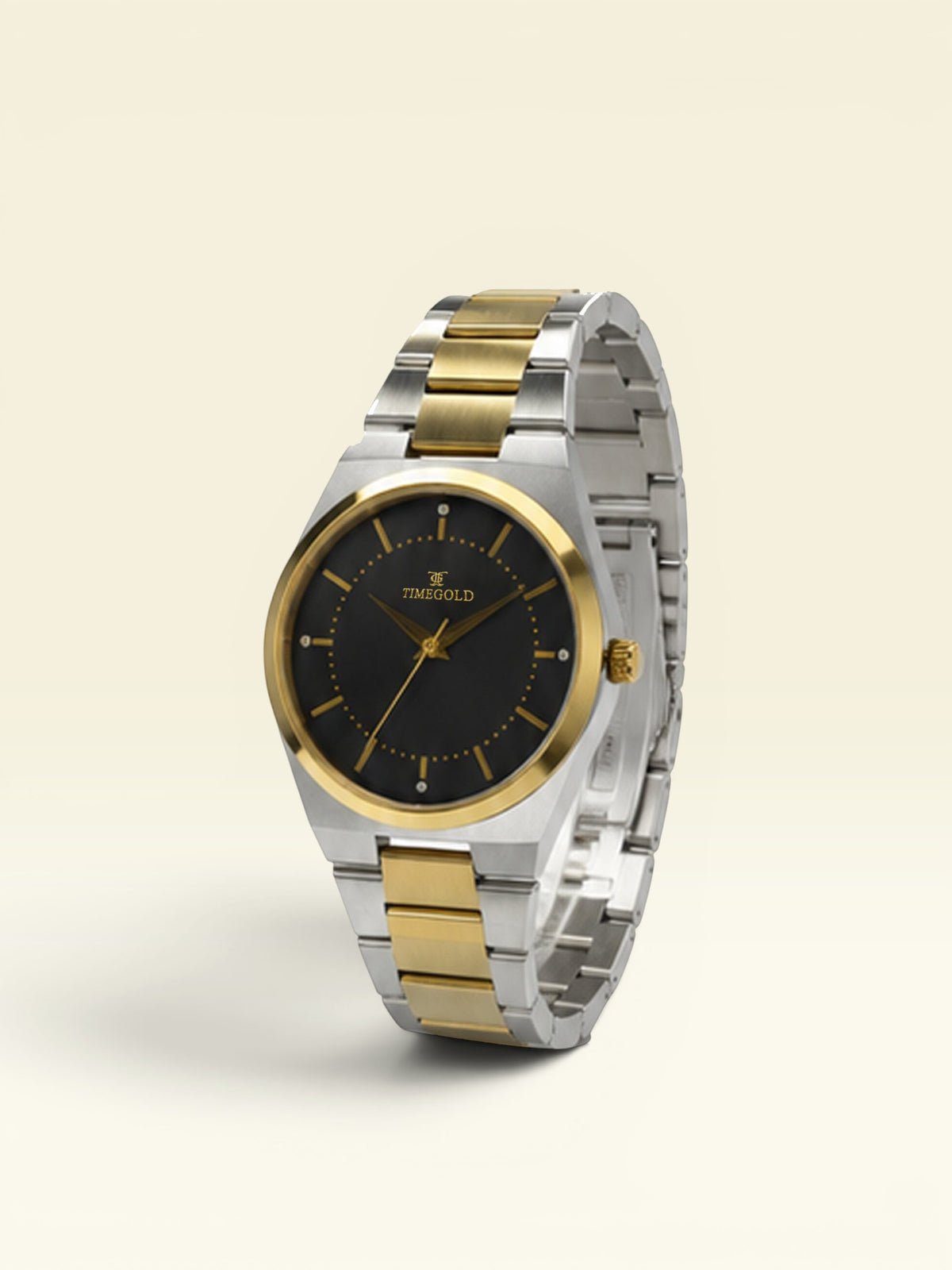 Labdhi Watches & Premium TimeGold TG-15-01 watch with a black sunburst dial, gold bezel, and two-tone steel bracelet.