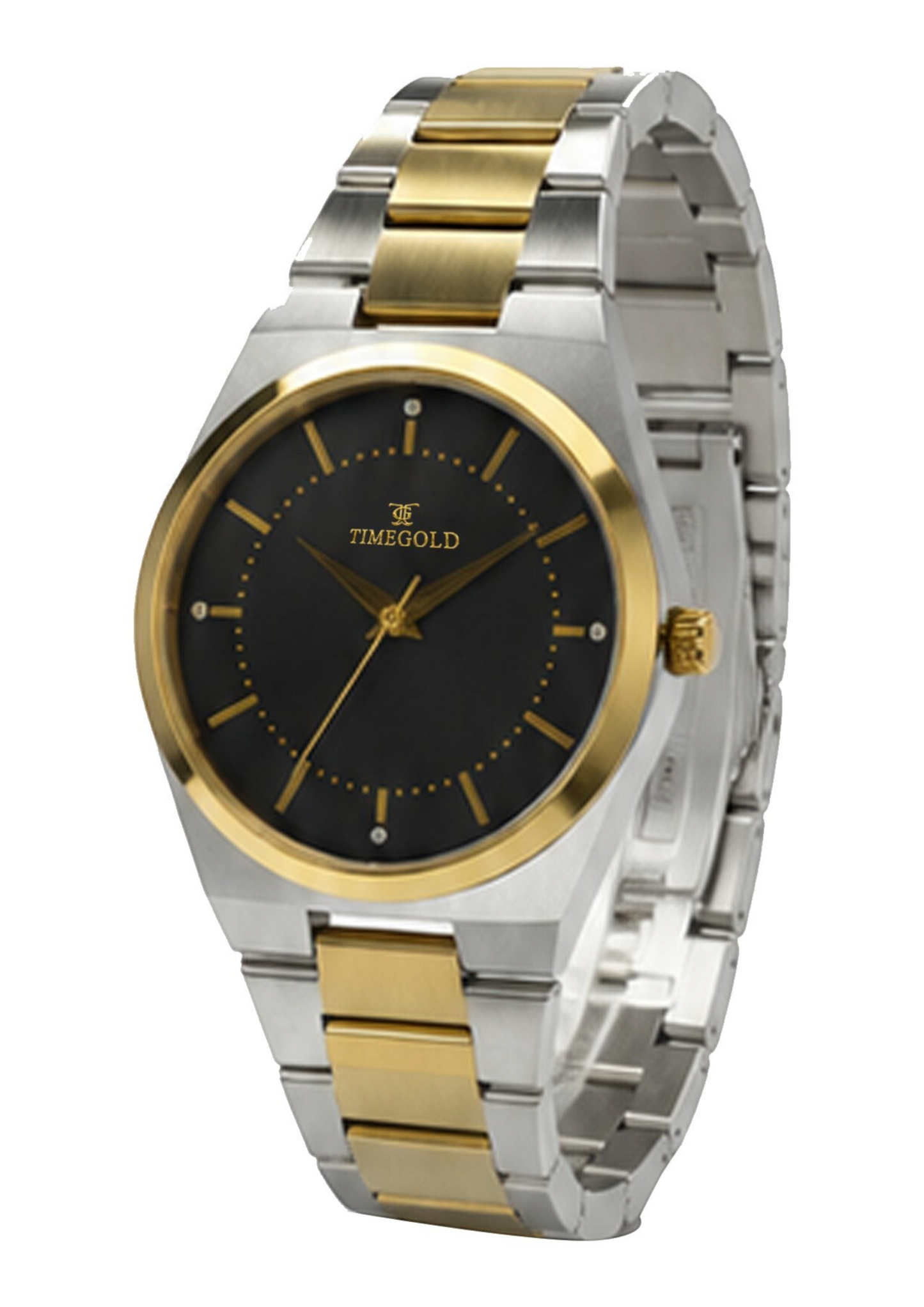 Labdhi Watches & Premium TimeGold TG-15-01 watch with a black sunburst dial, gold bezel, and two-tone steel bracelet.
