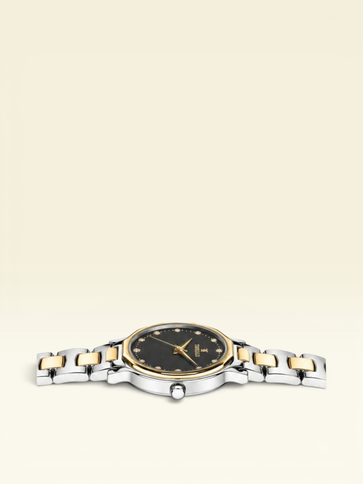 Labdhi Watches & Premium TimeGold Aurelia Grace women's watch with a black sunray dial, crystal markers, and two-tone band.