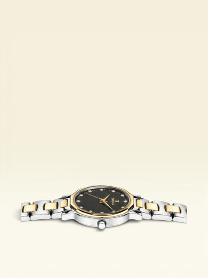 Labdhi Watches & Premium TimeGold Aurelia Grace women's watch with a black sunray dial, crystal markers, and two-tone band.