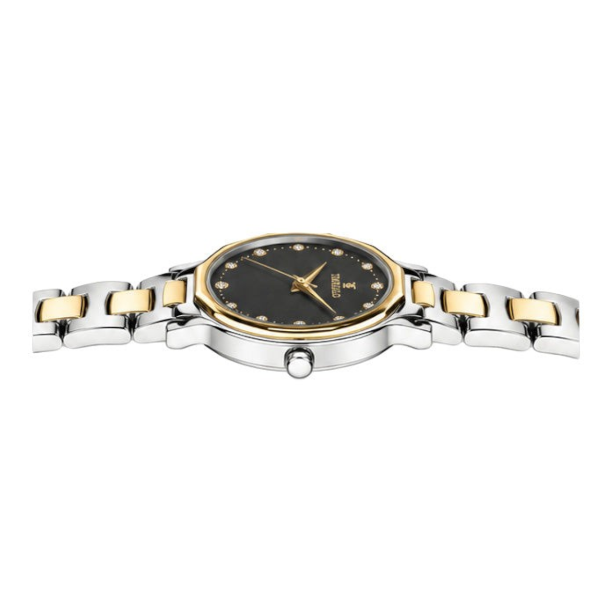 Labdhi Watches & Premium TimeGold Aurelia Grace women's watch with a black sunray dial, crystal markers, and two-tone band.