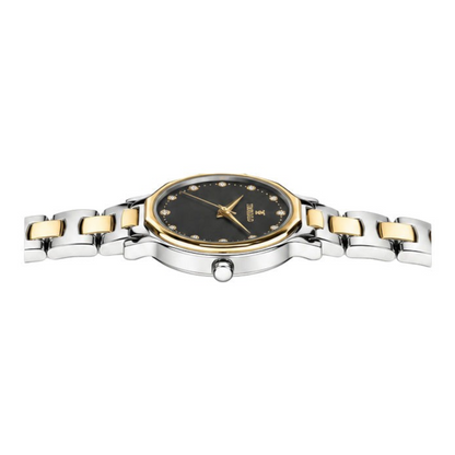 Labdhi Watches & Premium TimeGold Aurelia Grace women's watch with a black sunray dial, crystal markers, and two-tone band.