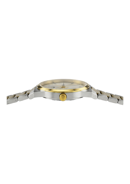 Labdhi Watches & Premium TimeGold TG-15-03 watch showing a slim profile, gold bezel, and two-tone steel bracelet.