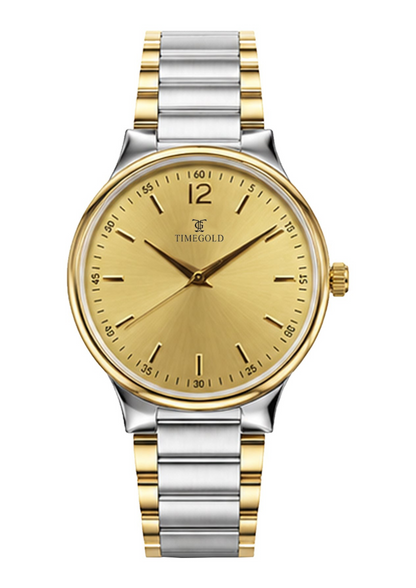 Labdhi Watches & Premium TimeGold TG-18-03 watch with a gold sunburst dial and two-tone stainless steel bracelet.