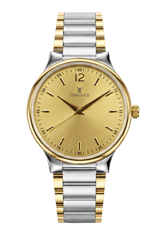 Labdhi Watches & Premium TimeGold TG-18-03 watch with a gold sunburst dial and two-tone stainless steel bracelet.