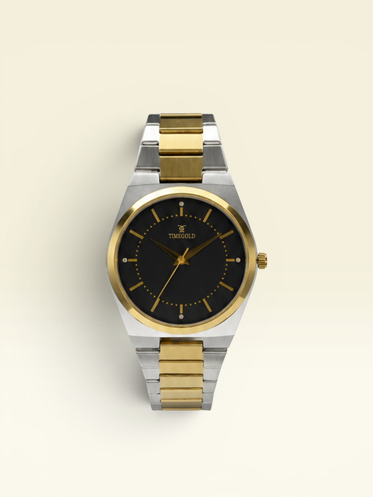 Labdhi Watches & Premium TimeGold TG-15-01 watch with a black sunburst dial, gold markers, and two-tone steel bracelet