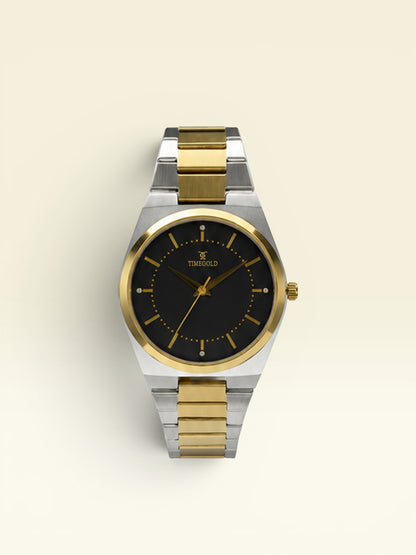 Labdhi Watches & Premium TimeGold TG-15-01 watch with a black sunburst dial, gold markers, and two-tone steel bracelet