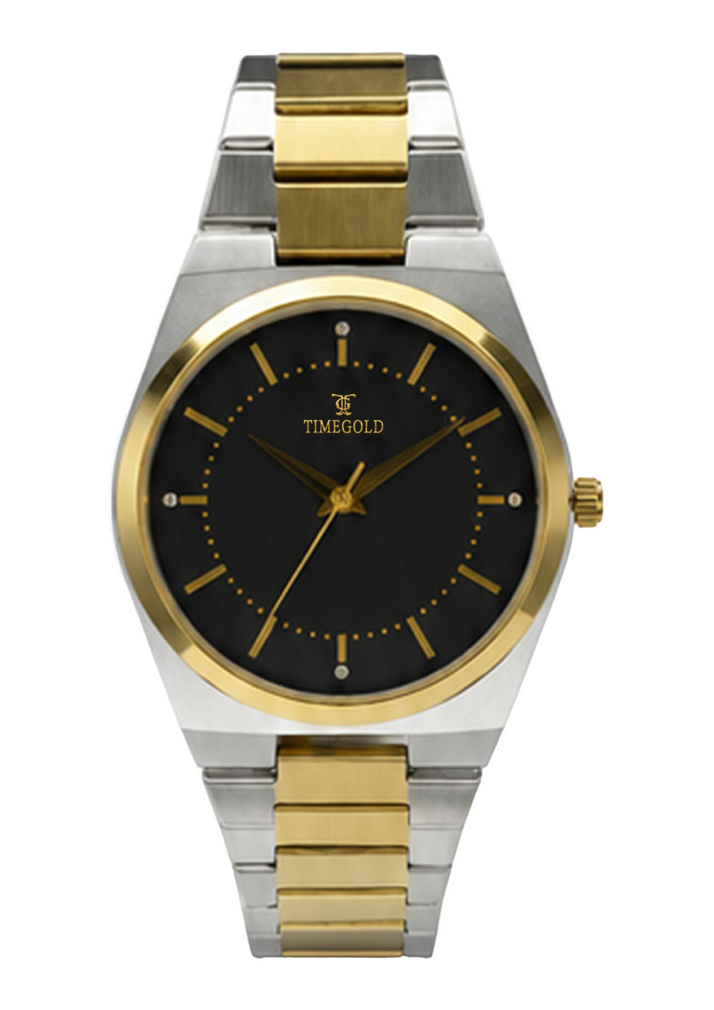 Labdhi Watches & Premium TimeGold TG-15-01 watch with a black sunburst dial, gold markers, and two-tone steel bracelet