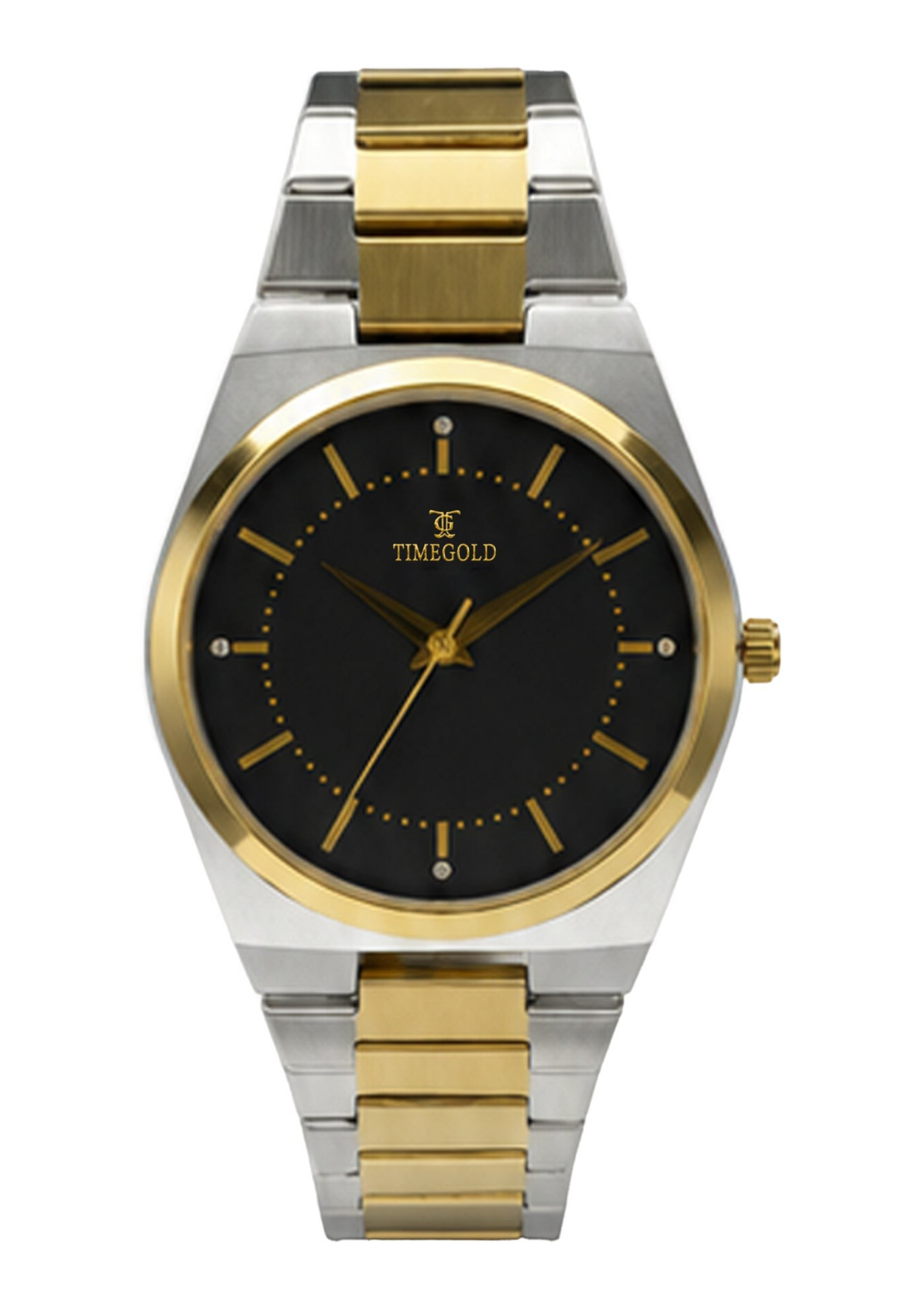 Labdhi Watches & Premium TimeGold TG-15-01 watch with a black sunburst dial, gold markers, and two-tone steel bracelet