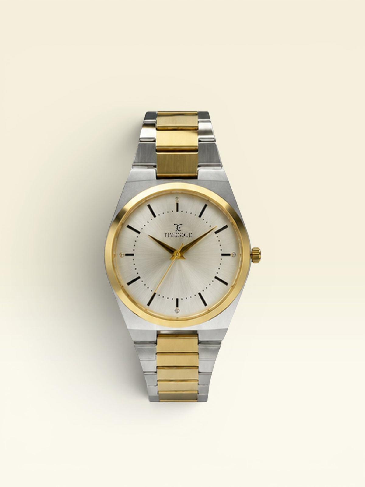 Labdhi Watches & Premium TimeGold TG-15-03 watch with a two-tone silver and gold integrated bracelet and sunburst dial.