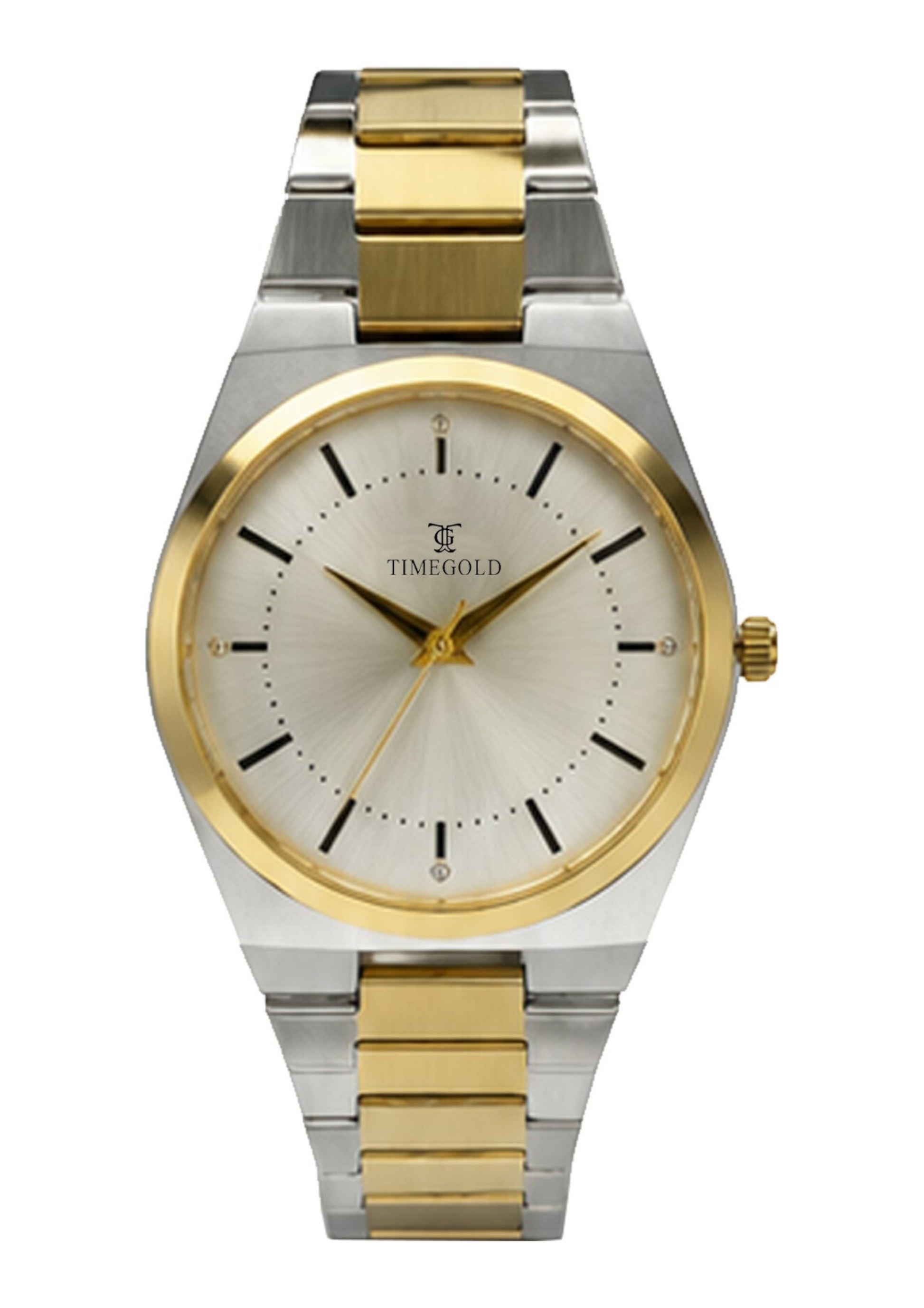 Labdhi Watches & Premium TimeGold TG-15-03 watch with a two-tone silver and gold integrated bracelet and sunburst dial.