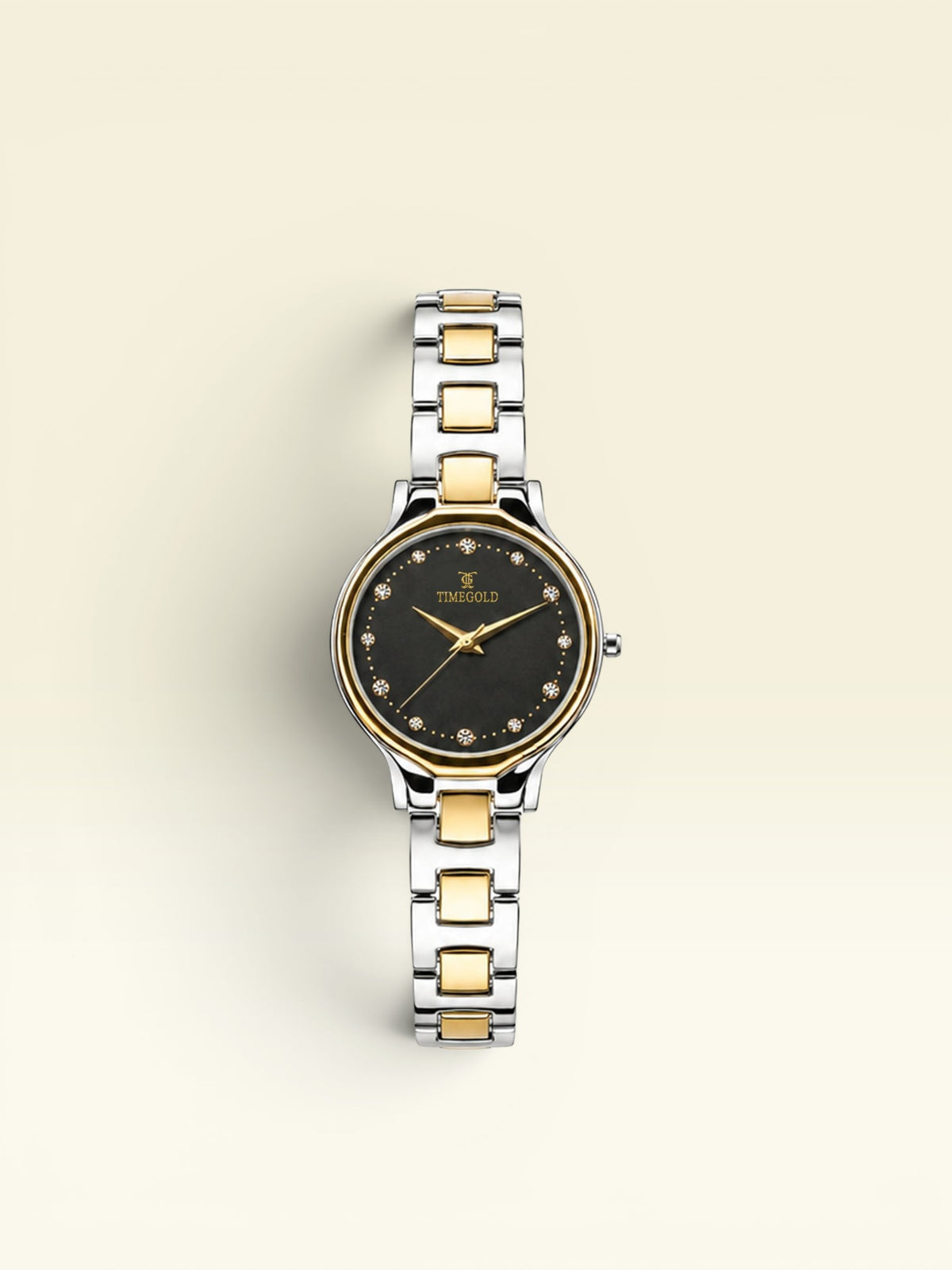 Labdhi Watches & Premium TimeGold Aurelia Grace watch with a black sunray dial, crystal markers, and two-tone bracelet.