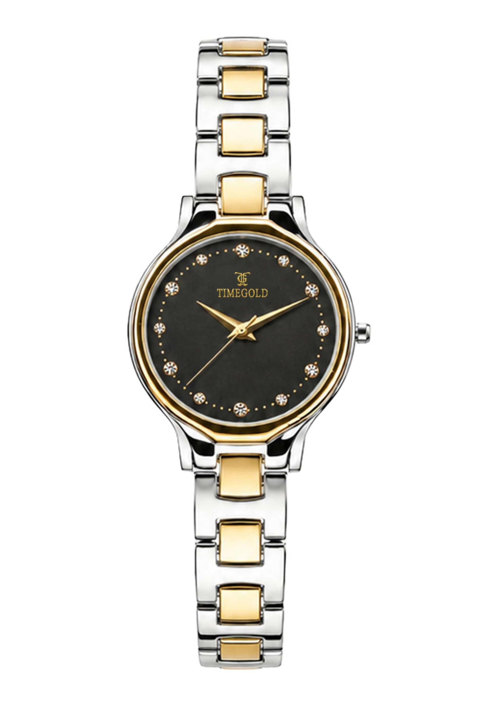 Labdhi Watches & Premium TimeGold Aurelia Grace watch with a black sunray dial, crystal markers, and two-tone bracelet.