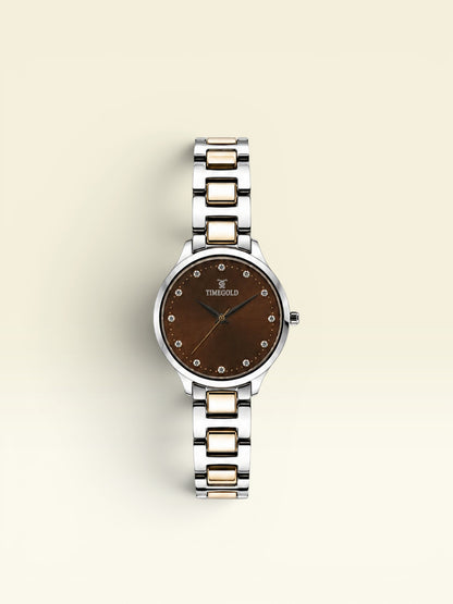 Labdhi Watches & Premium TimeGold Aurelia Grace women's watch with a brown sunray dial, crystal markers, and two-tone band