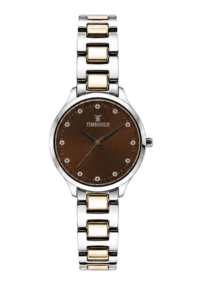 Labdhi Watches & Premium TimeGold Aurelia Grace women's watch with a brown sunray dial, crystal markers, and two-tone band