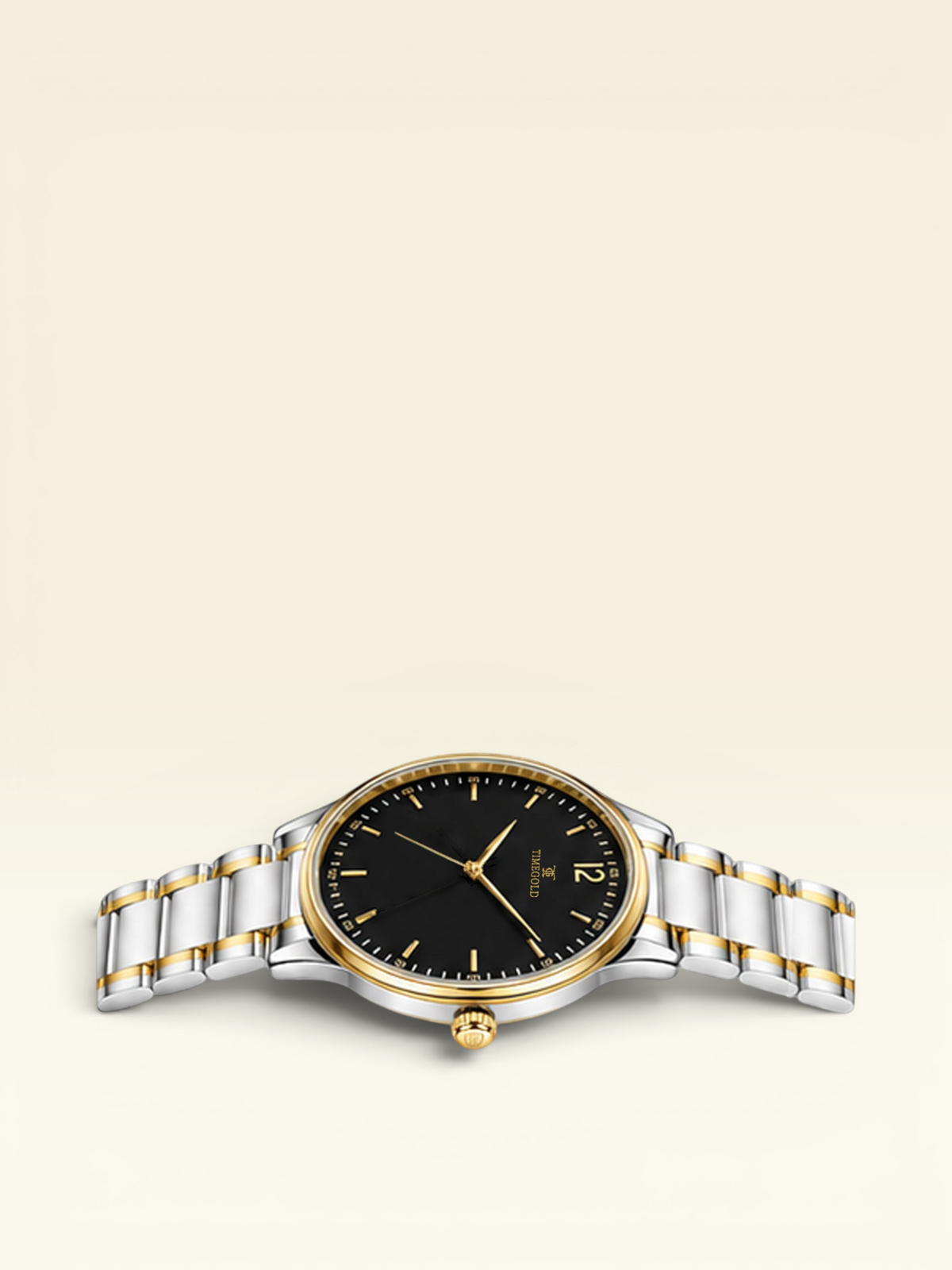 Labdhi Watches & Premium TimeGold TG-18-02 watch with a black sunburst dial and two-tone stainless steel bracelet.