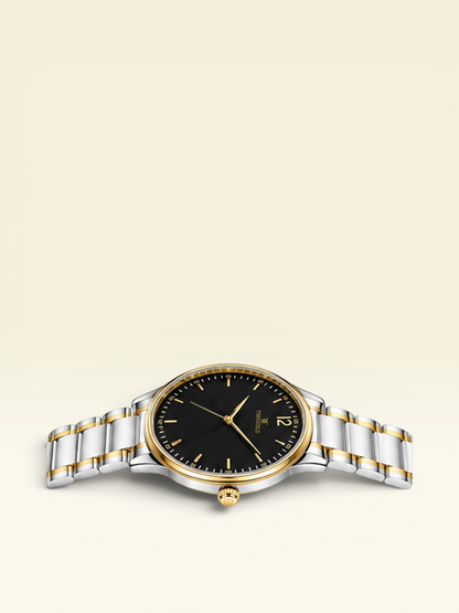 Labdhi Watches & Premium TimeGold TG-18-02 watch with a black sunburst dial and two-tone stainless steel bracelet.