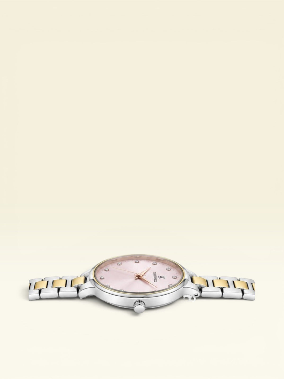 Labdhi Watches & Premium TimeGold Aurelia Grace watch with a pink sunray dial, crystal markers, and two-tone bracelet.