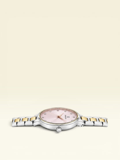 Labdhi Watches & Premium TimeGold Aurelia Grace watch with a pink sunray dial, crystal markers, and two-tone bracelet.