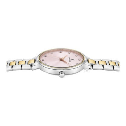 Labdhi Watches & Premium TimeGold Aurelia Grace watch with a pink sunray dial, crystal markers, and two-tone bracelet.