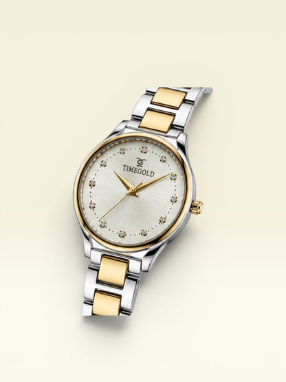 Labdhi Watches & Premium Time Gold Aurelia Grace watch with a two-tone silver and gold bracelet and crystal markers.