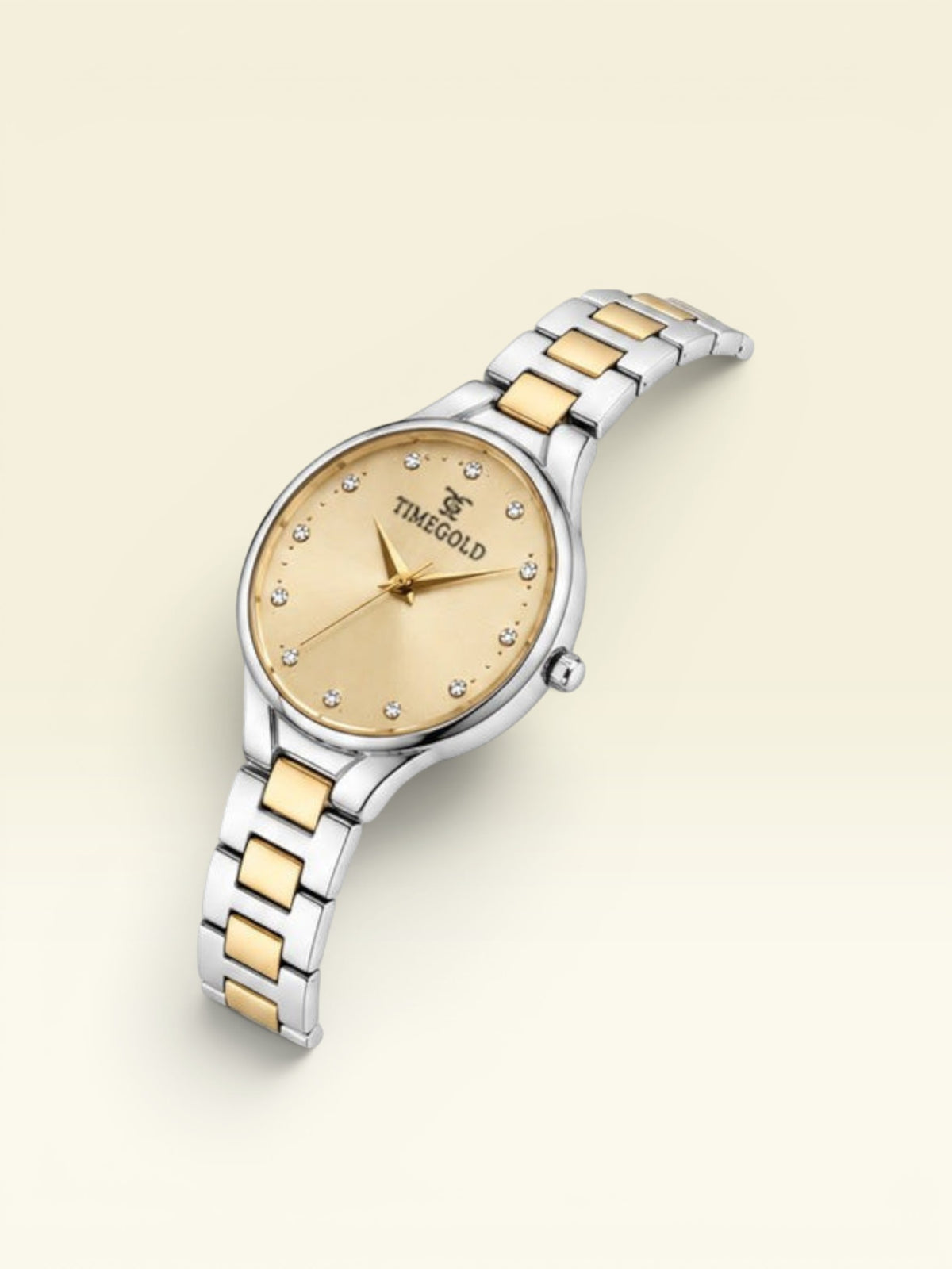 Labdhi Watches & Premium Time Gold TG-10-01 women's watch with a gold sunray dial, crystal markers, and two-tone bracelet.