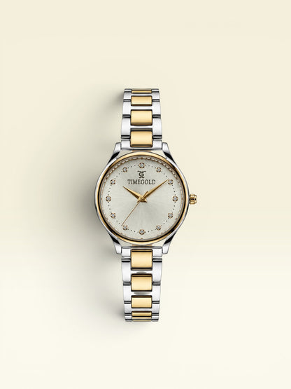 Labdhi Watches & Premium Time Gold Aurelia Grace watch with a two-tone gold and silver bracelet and crystal markers.
