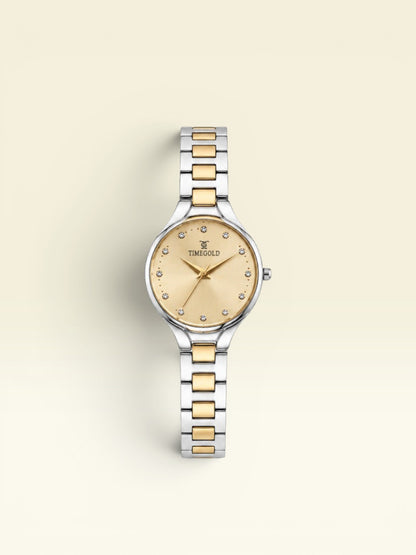 Labdhi Watches & Premium Time Gold Aurelia Grace women's watch with a two-tone gold and silver bracelet and dial.