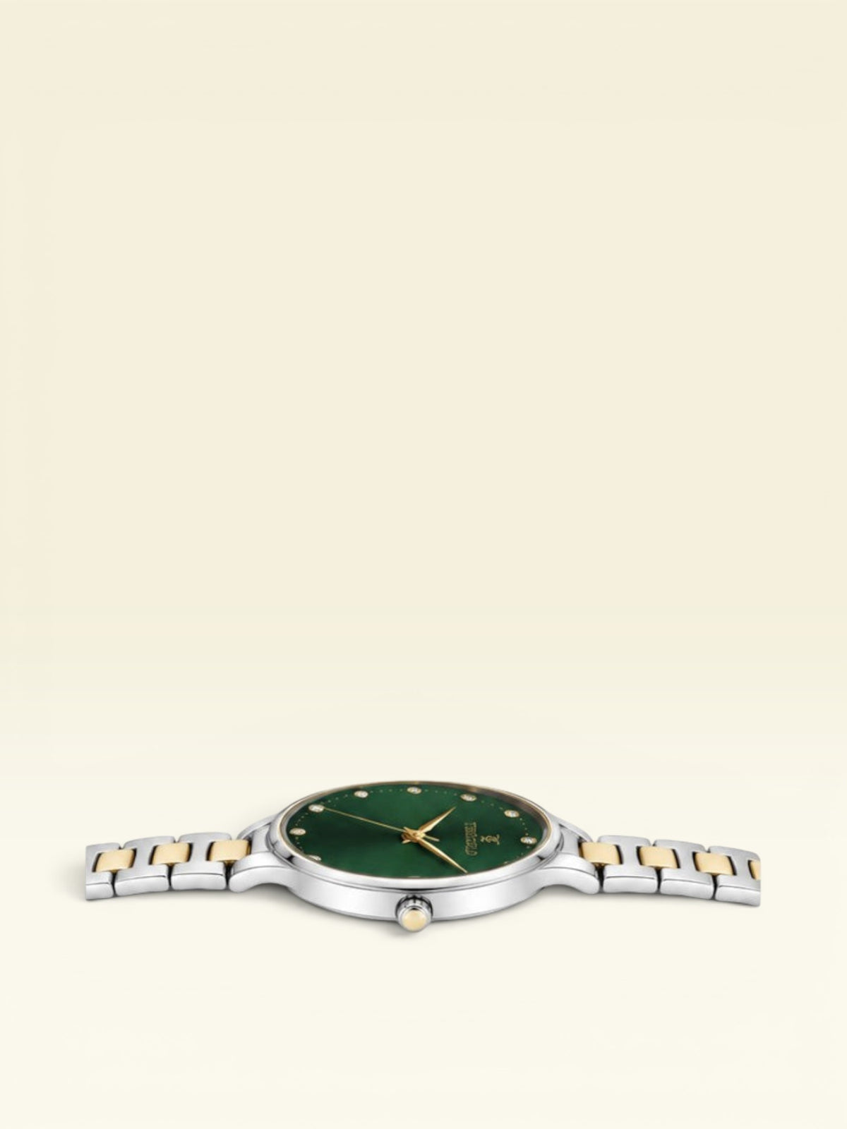 Labdhi Watches & Premium Time Gold Aurelia Grace watch with a green sunray dial, crystal markers, and two-tone band.
