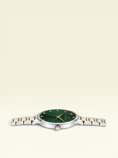 Labdhi Watches & Premium Time Gold Aurelia Grace watch with a green sunray dial, crystal markers, and two-tone band.
